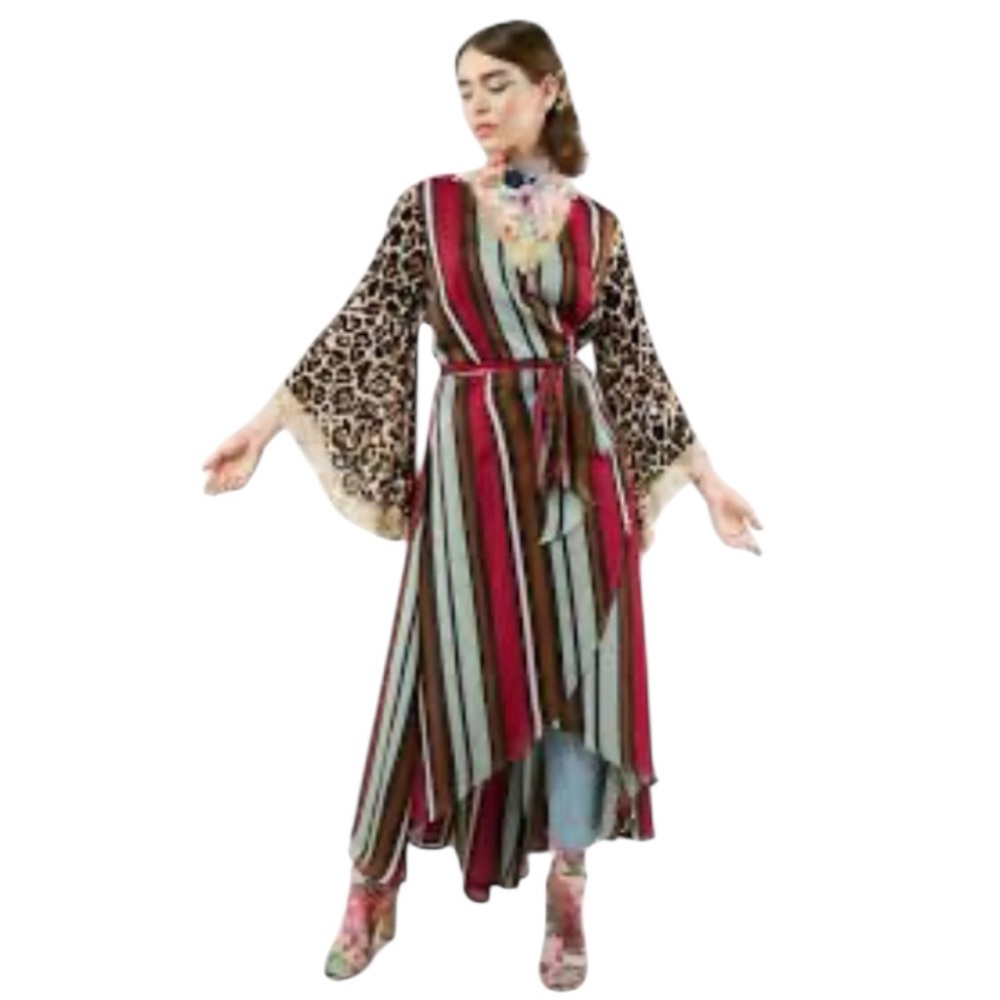 NWT Aratta Charlotte Stripe Wrap Midi Dress Leopard Sleeves Medium Reg. $234